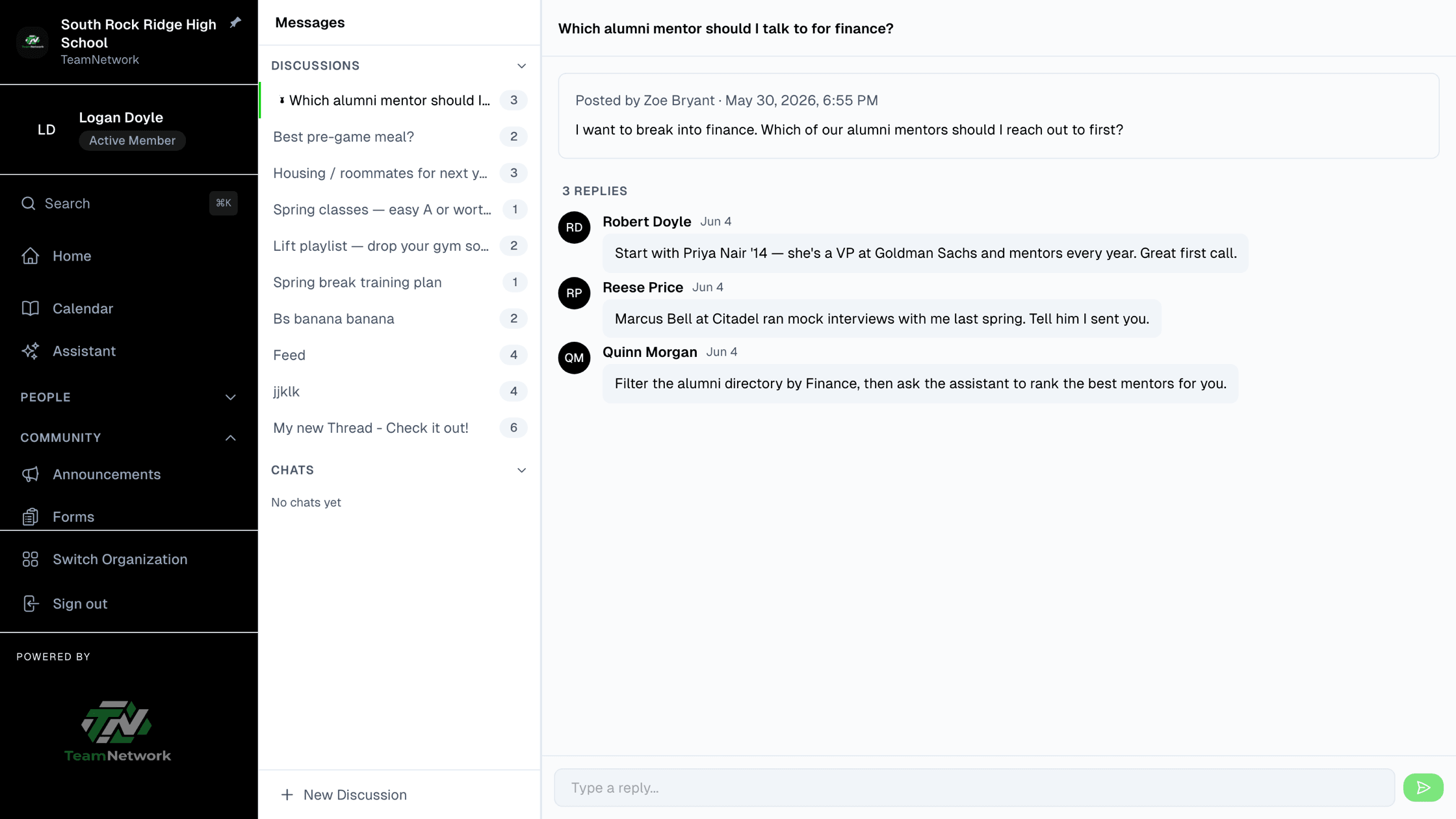 TeamNetwork discussions — a team thread with replies from members.