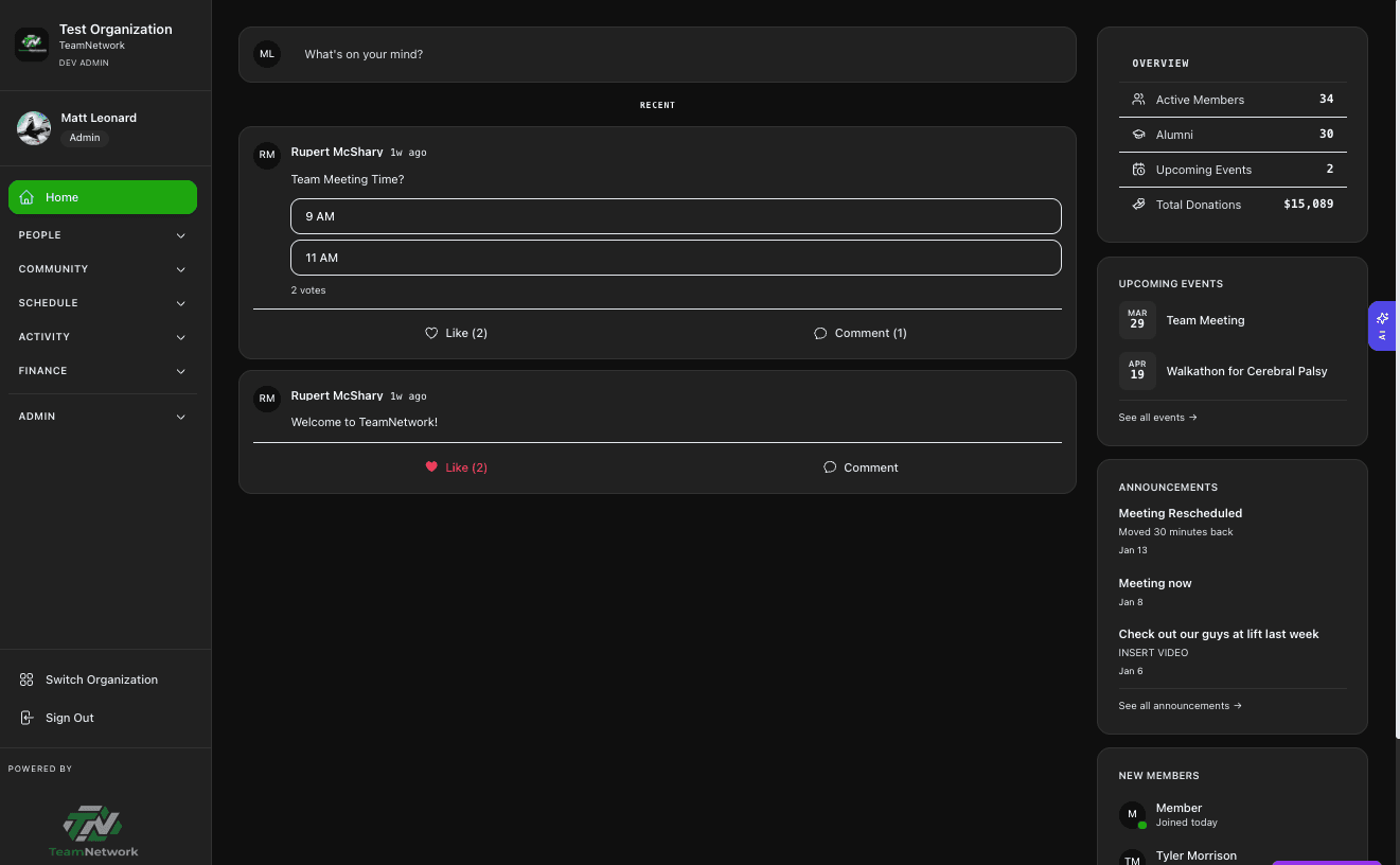 TeamNetwork dashboard showing roster management, events, and team communication