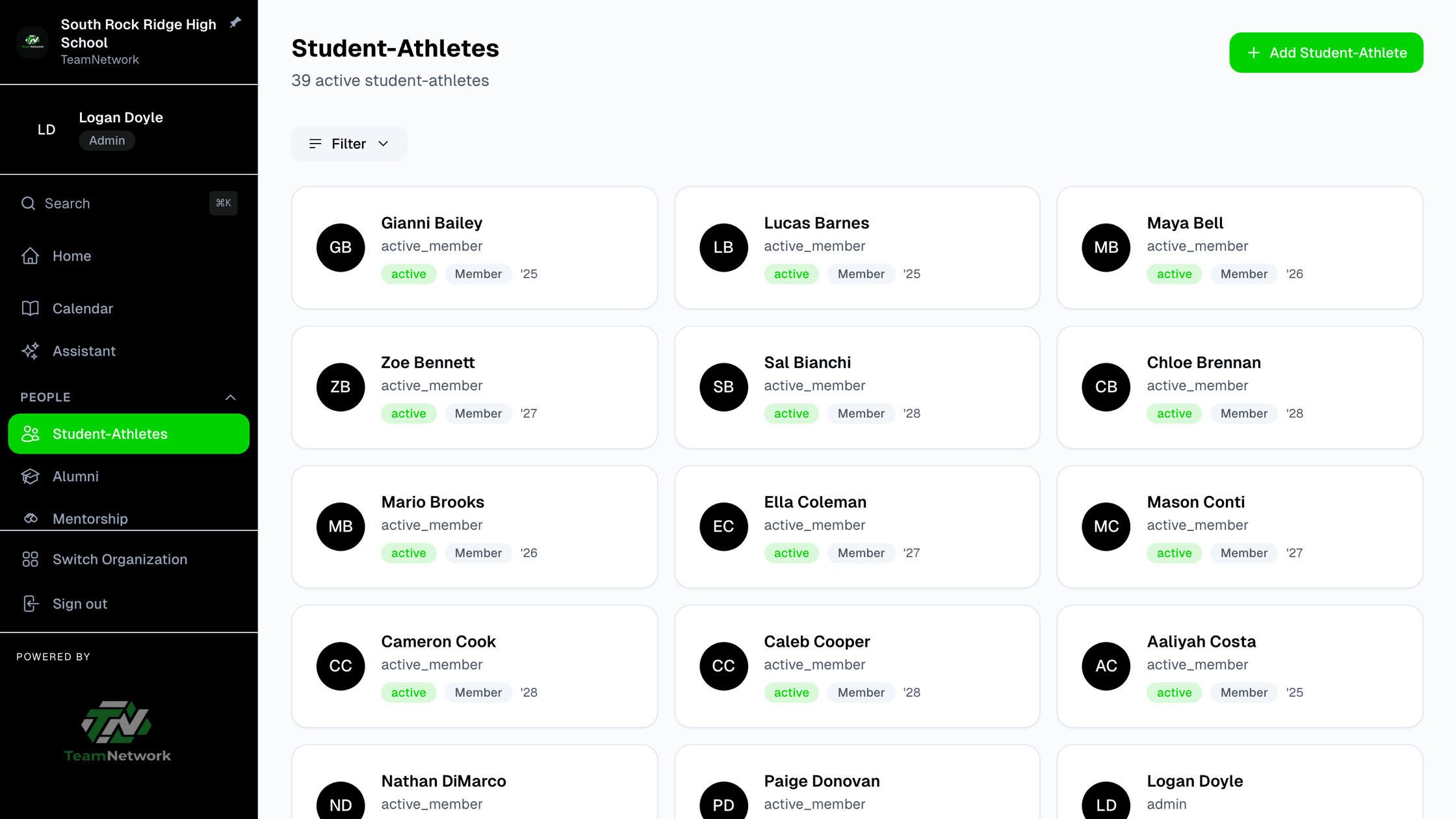 The TeamNetwork member directory — student-athlete cards with roles and class years.